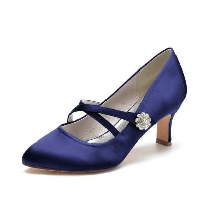 Bridal Shoes for Women with Round Toe Mid Heel and Rhinestone-Adorned Crossed Straps