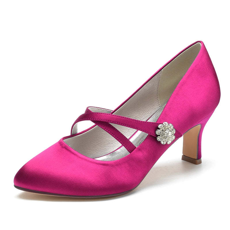 Bridal Shoes for Women with Round Toe Mid Heel and Rhinestone-Adorned Crossed Straps