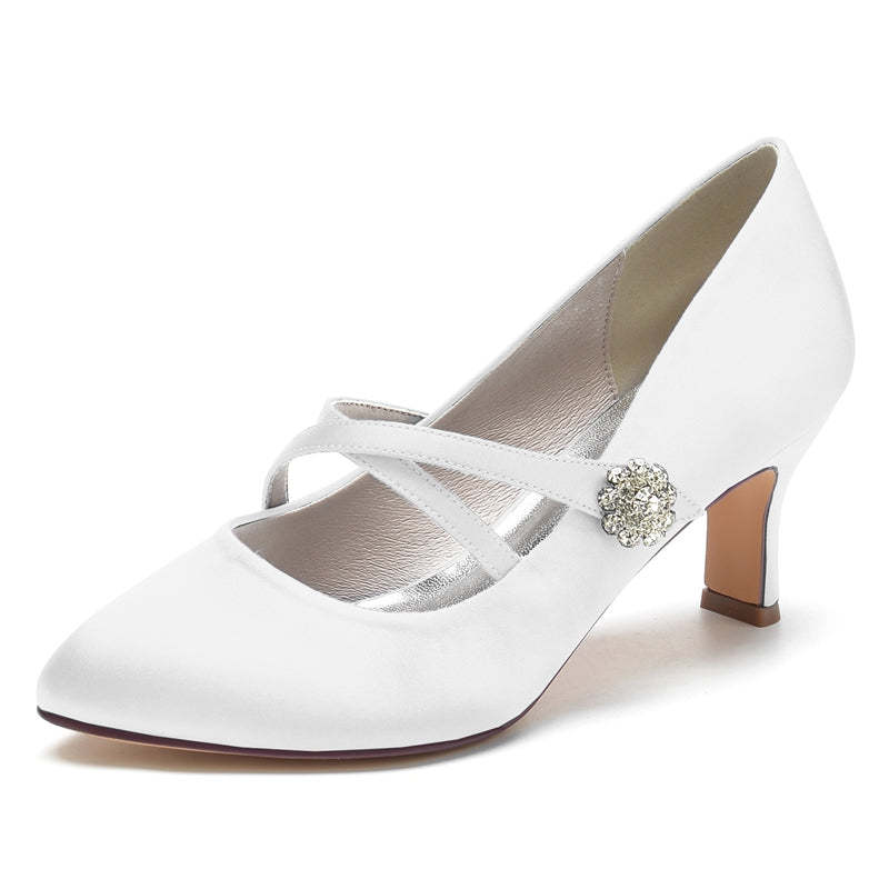 Bridal Shoes for Women with Round Toe Mid Heel and Rhinestone-Adorned Crossed Straps
