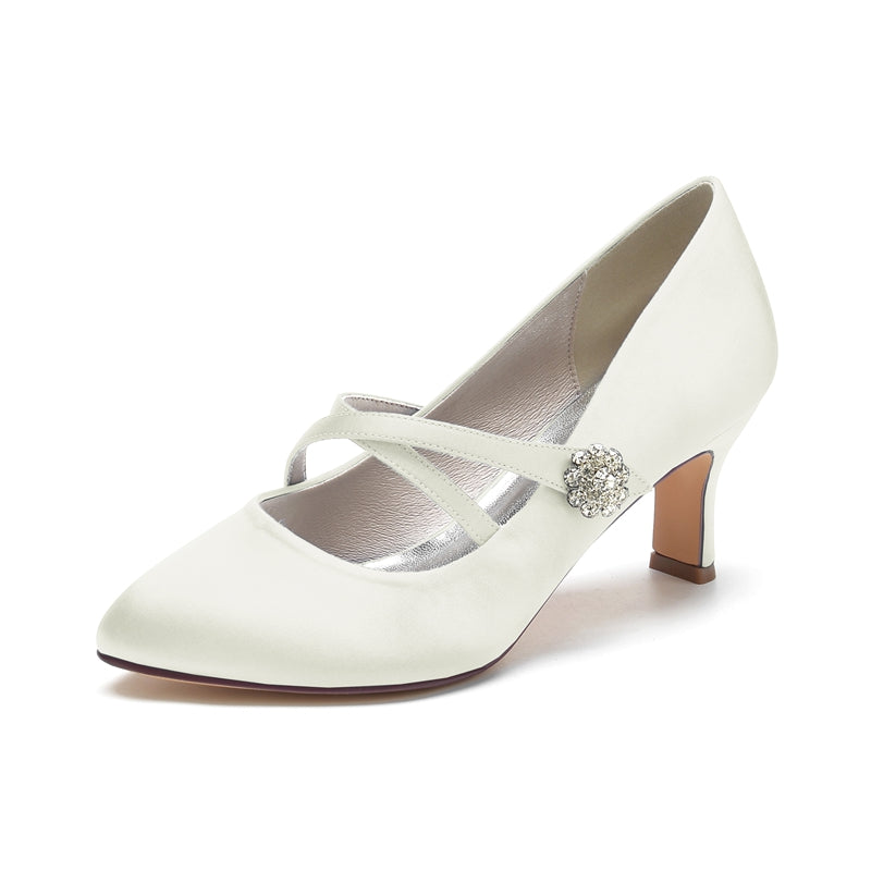 Bridal Shoes for Women with Round Toe Mid Heel and Rhinestone-Adorned Crossed Straps