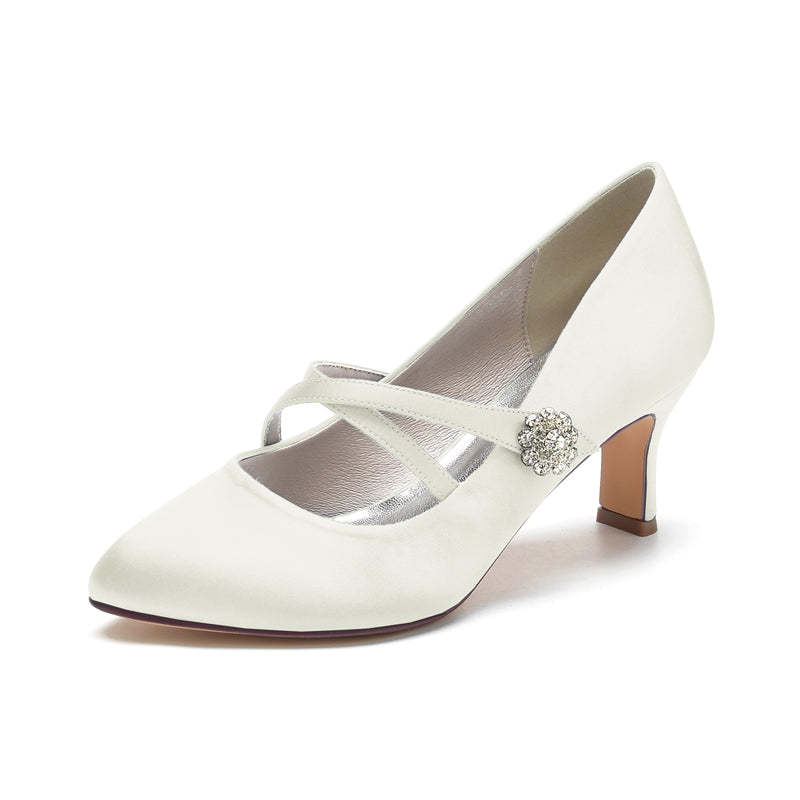 Bridal Shoes for Women with Round Toe Mid Heel and Rhinestone-Adorned Crossed Straps