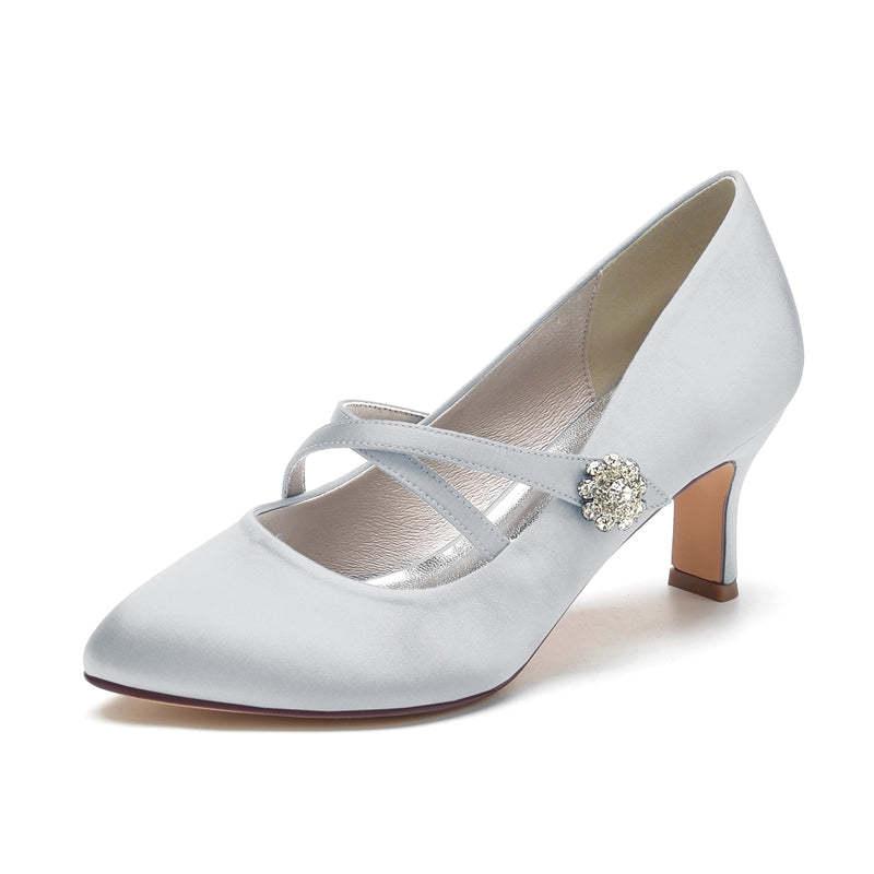 Bridal Shoes for Women with Round Toe Mid Heel and Rhinestone-Adorned Crossed Straps