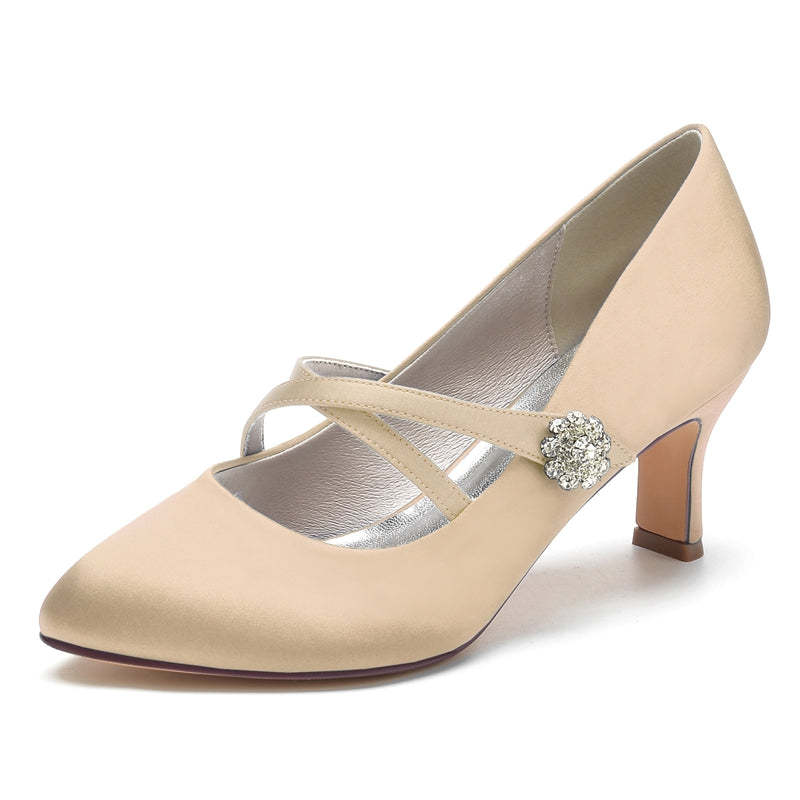 Bridal Shoes for Women with Round Toe Mid Heel and Rhinestone-Adorned Crossed Straps