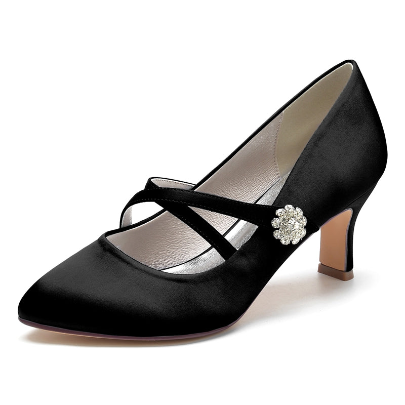 Bridal Shoes for Women with Round Toe Mid Heel and Rhinestone-Adorned Crossed Straps