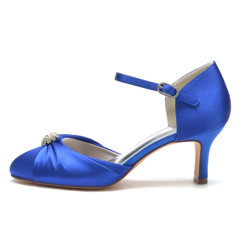 Bridal Shoes for Women with Buckle Rhinestone & Ruffles - Closed Toe Mid Heel