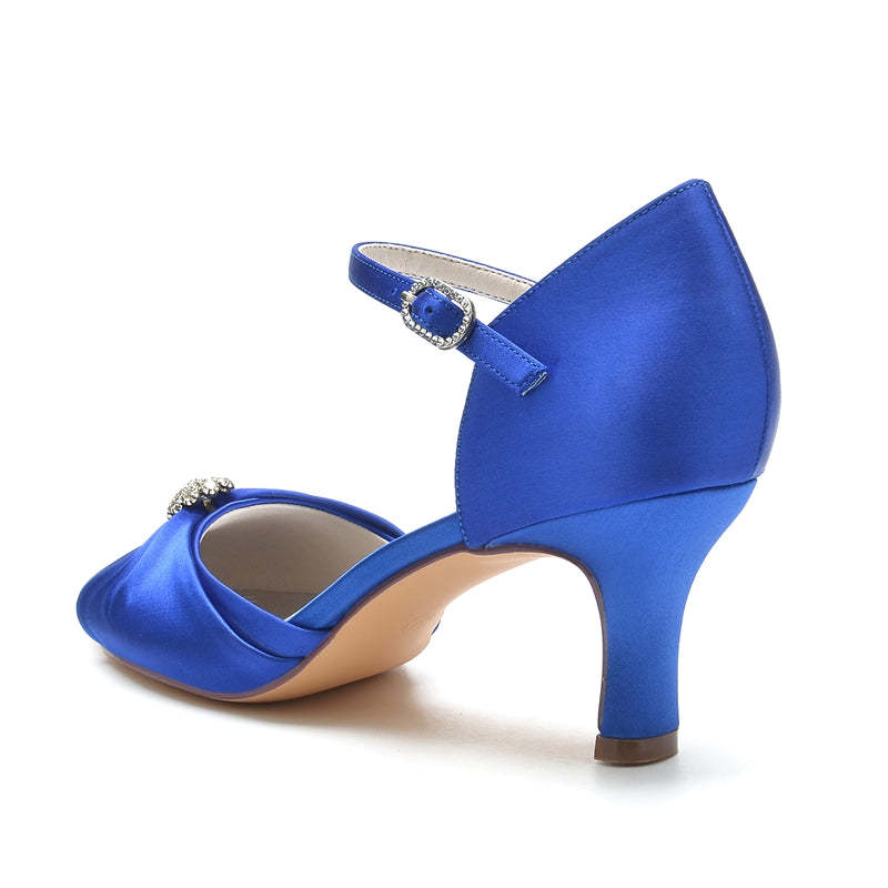 Bridal Shoes for Women with Buckle Rhinestone & Ruffles - Closed Toe Mid Heel