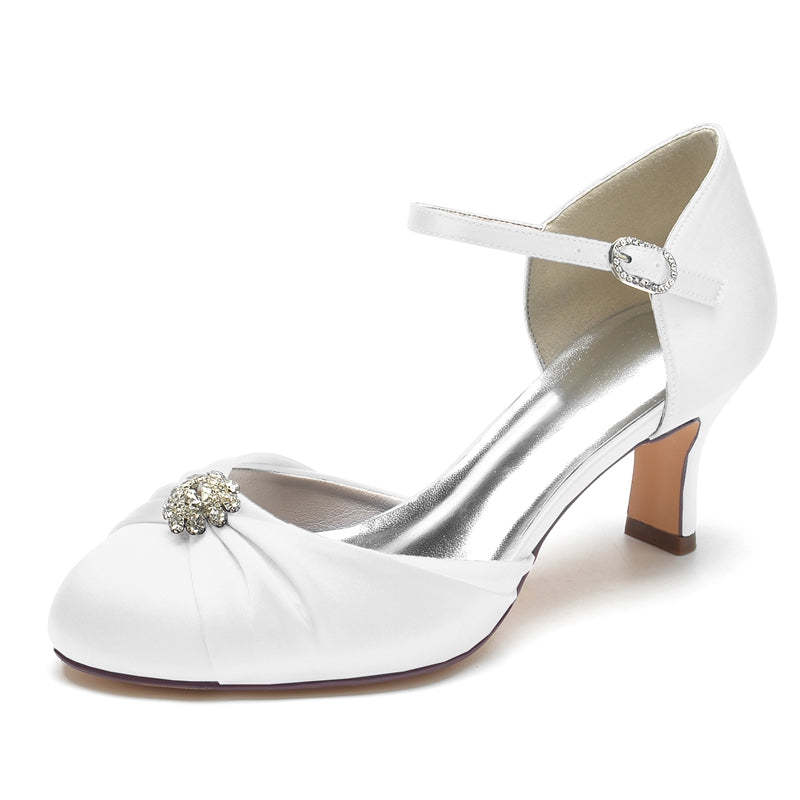 Bridal Shoes for Women with Buckle Rhinestone & Ruffles - Closed Toe Mid Heel