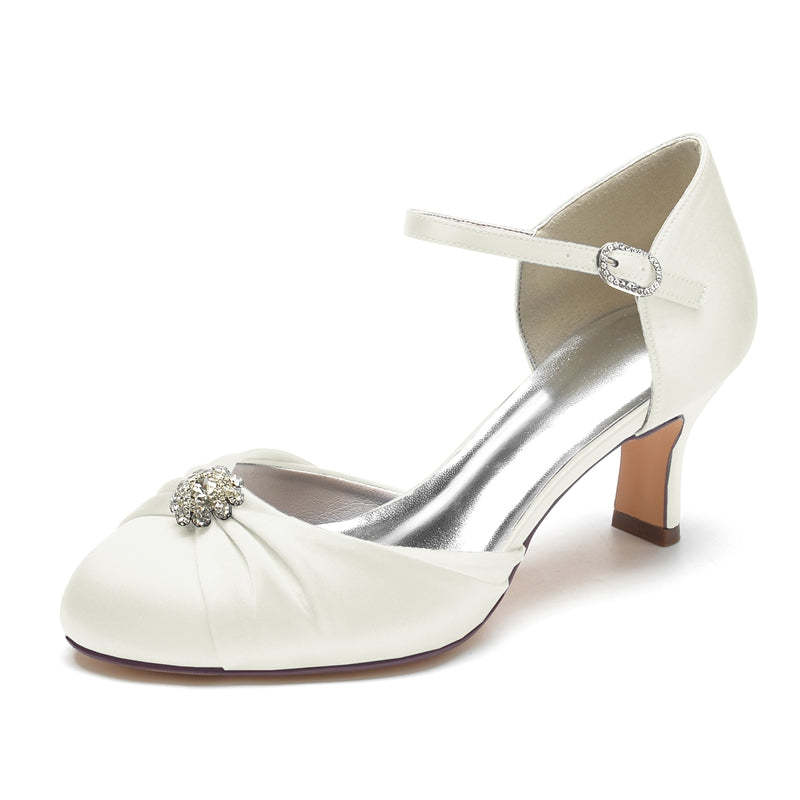 Bridal Shoes for Women with Buckle Rhinestone & Ruffles - Closed Toe Mid Heel