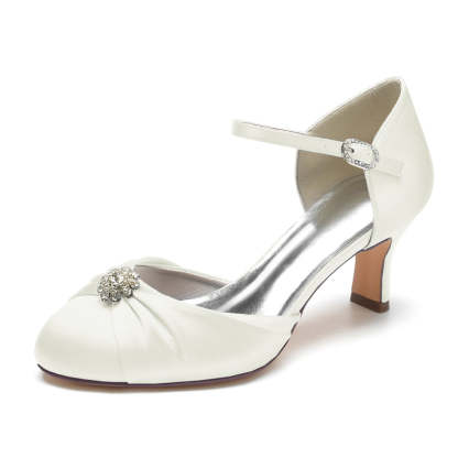 Bridal Shoes for Women with Buckle Rhinestone & Ruffles - Closed Toe Mid Heel