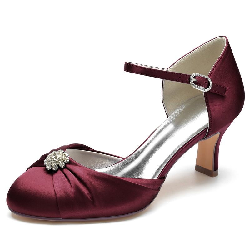 Bridal Shoes for Women with Buckle Rhinestone & Ruffles - Closed Toe Mid Heel