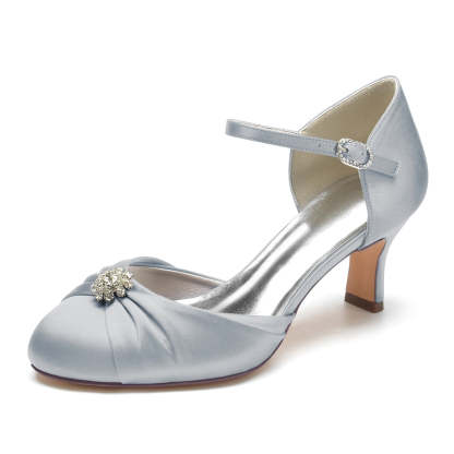 Bridal Shoes for Women with Buckle Rhinestone & Ruffles - Closed Toe Mid Heel