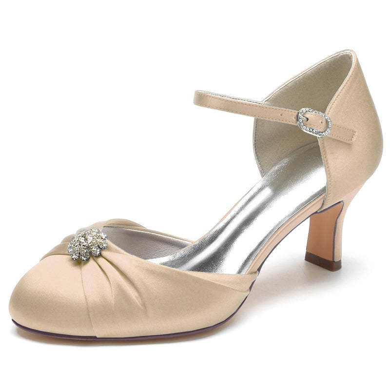 Bridal Shoes for Women with Buckle Rhinestone & Ruffles - Closed Toe Mid Heel