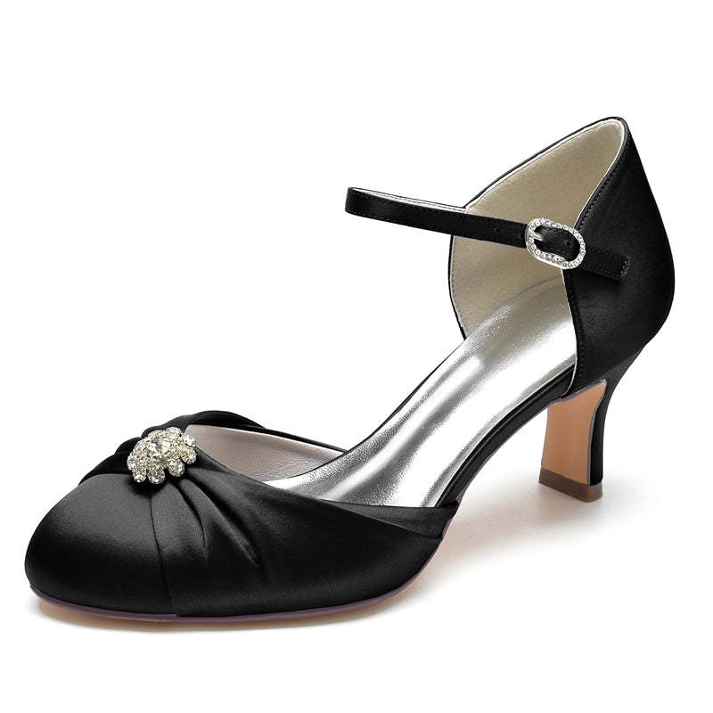 Bridal Shoes for Women with Buckle Rhinestone & Ruffles - Closed Toe Mid Heel