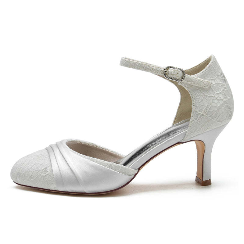Exquisite Lace Bridal Shoes with Ruffles and Buckle for Women Closed Toe Mid Heel