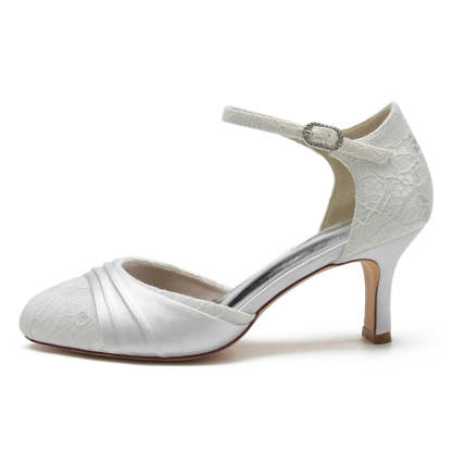Exquisite Lace Bridal Shoes with Ruffles and Buckle for Women Closed Toe Mid Heel