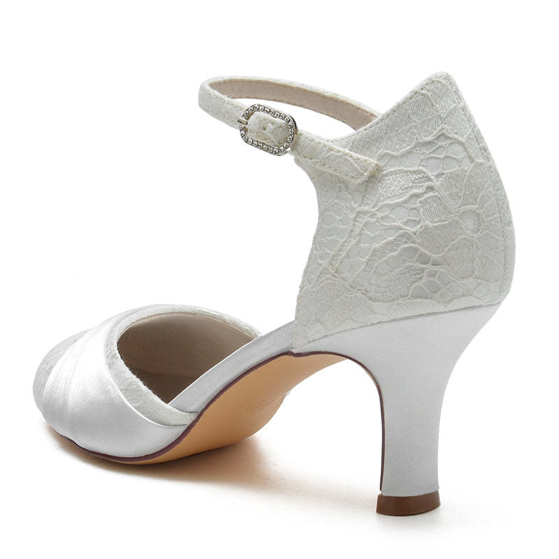Exquisite Lace Bridal Shoes with Ruffles and Buckle for Women Closed Toe Mid Heel