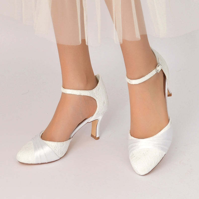 Exquisite Lace Bridal Shoes with Ruffles and Buckle for Women Closed Toe Mid Heel