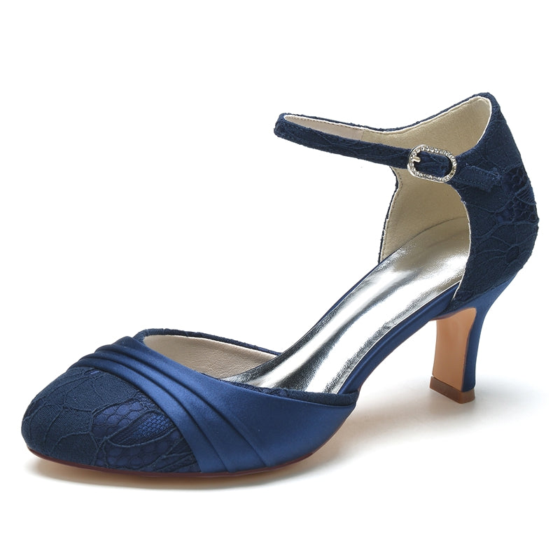 Exquisite Lace Bridal Shoes with Ruffles and Buckle for Women Closed Toe Mid Heel