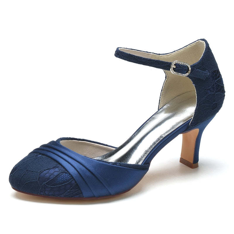 Exquisite Lace Bridal Shoes with Ruffles and Buckle for Women Closed Toe Mid Heel