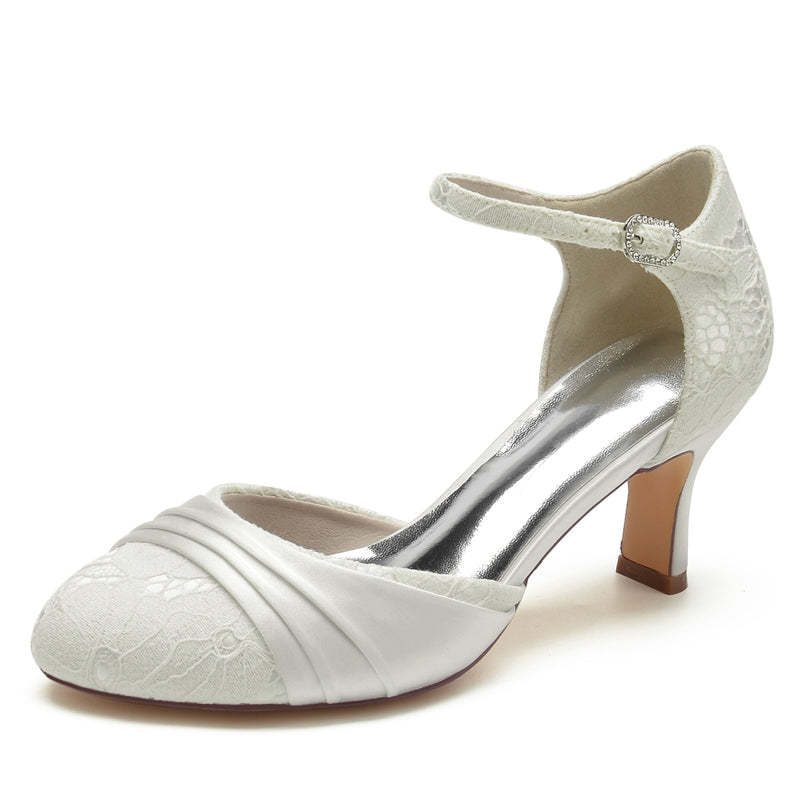 Exquisite Lace Bridal Shoes with Ruffles and Buckle for Women Closed Toe Mid Heel
