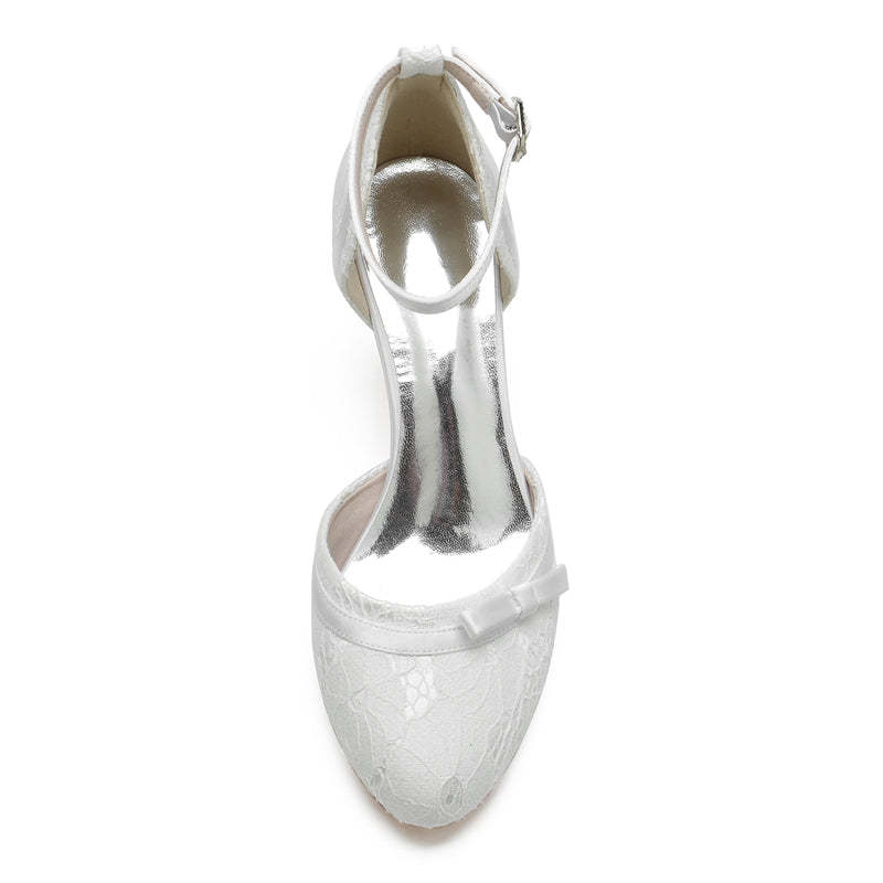Exquisite Closed-Toe Lace Wedding Shoes for Women with Buckle and Bowknot
