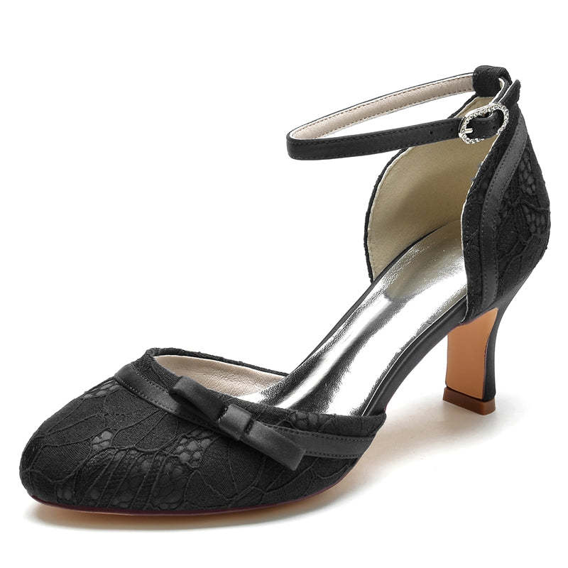 Exquisite Closed-Toe Lace Wedding Shoes for Women with Buckle and Bowknot