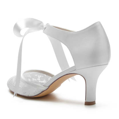 Elegant Black Bridal Shoes for Women with Bow Straps and Round Toe Mid Heel