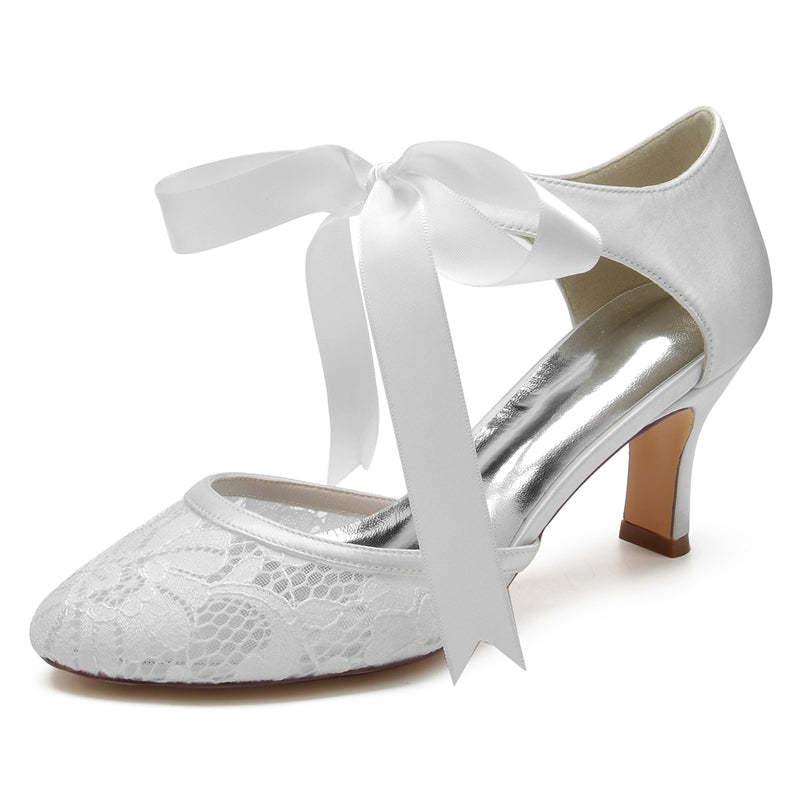 Elegant Black Bridal Shoes for Women with Bow Straps and Round Toe Mid Heel
