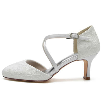 Elegant Bridal Shoes for Women with Pointed Toe Mid Heel and Crossed Straps