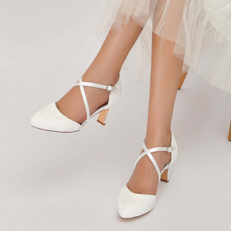 Elegant Bridal Shoes for Women with Pointed Toe Mid Heel and Crossed Straps