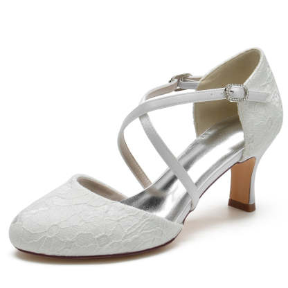 Elegant Bridal Shoes for Women with Pointed Toe Mid Heel and Crossed Straps