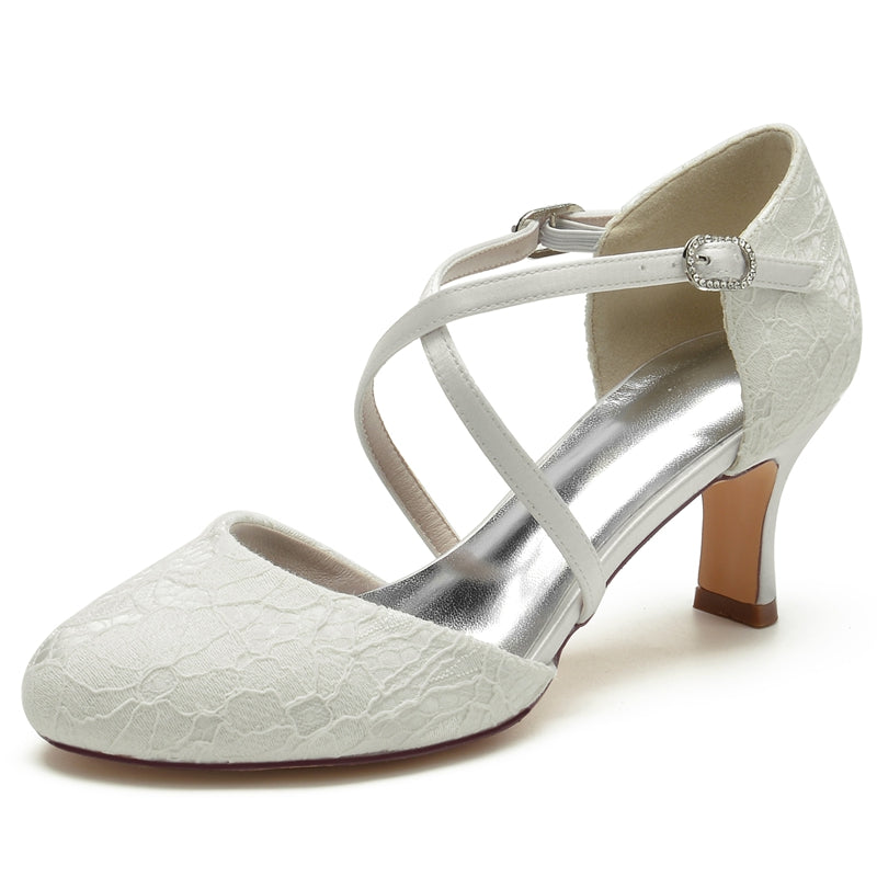 Elegant Bridal Shoes for Women with Pointed Toe Mid Heel and Crossed Straps