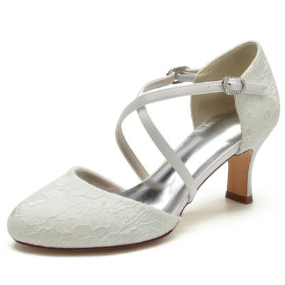 Elegant Bridal Shoes for Women with Pointed Toe Mid Heel and Crossed Straps