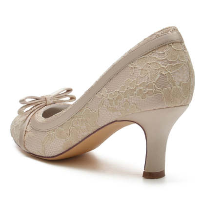 Exquisite Round-Toe Mid-Heel Bridal Shoes with Lace and Bowknot for Women