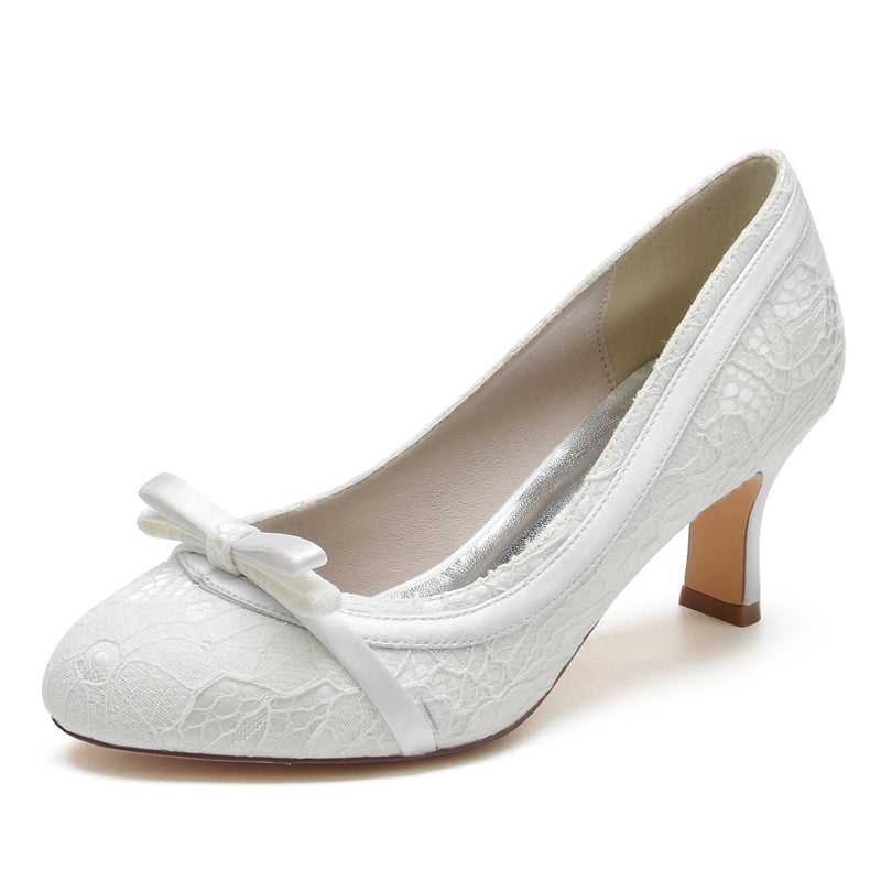 Exquisite Round-Toe Mid-Heel Bridal Shoes with Lace and Bowknot for Women