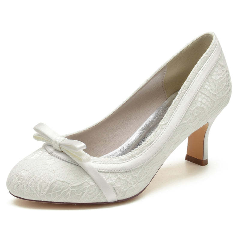 Exquisite Round-Toe Mid-Heel Bridal Shoes with Lace and Bowknot for Women