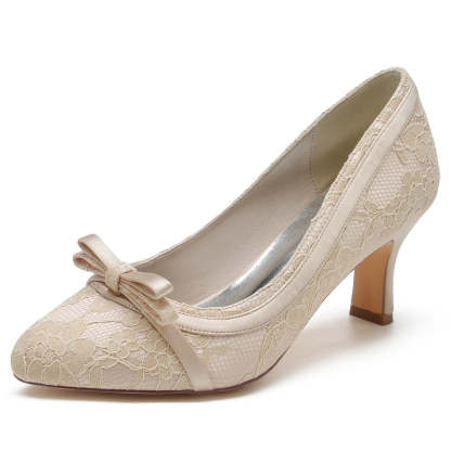 Exquisite Round-Toe Mid-Heel Bridal Shoes with Lace and Bowknot for Women