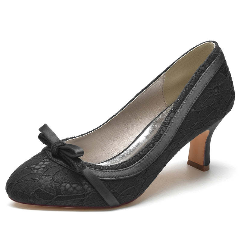 Exquisite Round-Toe Mid-Heel Bridal Shoes with Lace and Bowknot for Women
