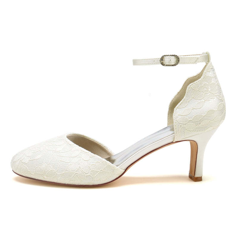 Ivory Bridal Shoes for Women with Chic Lace and Buckle Round Toe Mid Heel