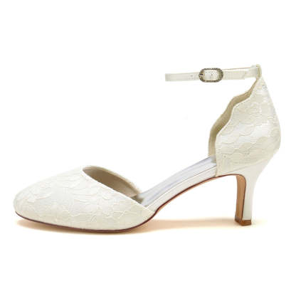 Ivory Bridal Shoes for Women with Chic Lace and Buckle Round Toe Mid Heel