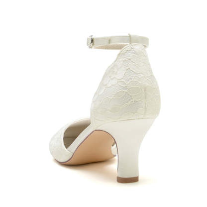Ivory Bridal Shoes for Women with Chic Lace and Buckle Round Toe Mid Heel