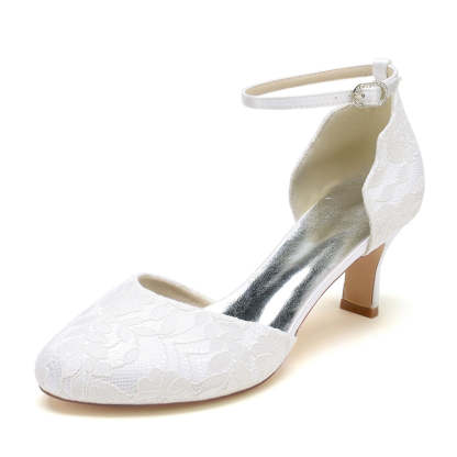 Ivory Bridal Shoes for Women with Chic Lace and Buckle Round Toe Mid Heel