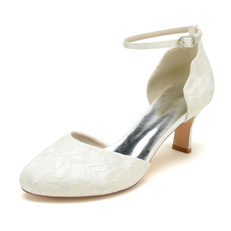 Ivory Bridal Shoes for Women with Chic Lace and Buckle Round Toe Mid Heel