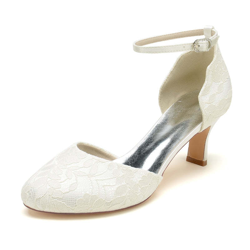 Ivory Bridal Shoes for Women with Chic Lace and Buckle Round Toe Mid Heel