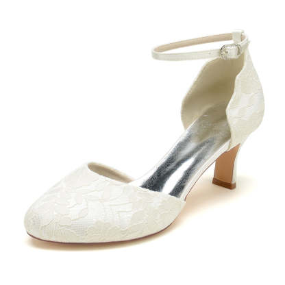 Ivory Bridal Shoes for Women with Chic Lace and Buckle Round Toe Mid Heel