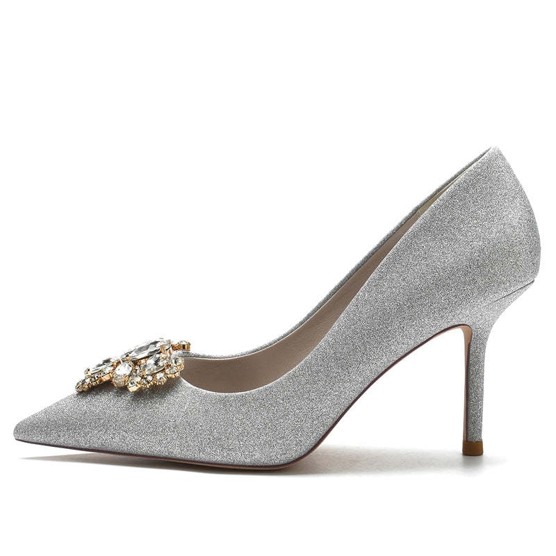 Elegant Silver Bridal Shoes with Rhinestone for Women Pointed Toe Stiletto Heel