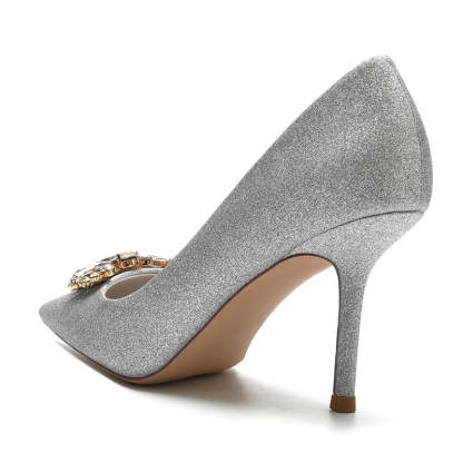 Elegant Silver Bridal Shoes with Rhinestone for Women Pointed Toe Stiletto Heel