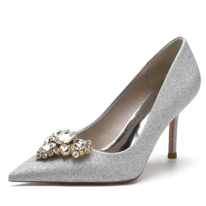 Elegant Silver Bridal Shoes with Rhinestone for Women Pointed Toe Stiletto Heel