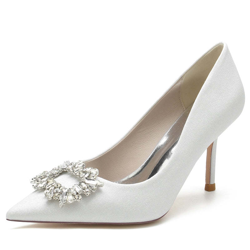 Elegant Closed-Toe Stiletto Heel Bridal Shoes for Women with Square Rhinestone
