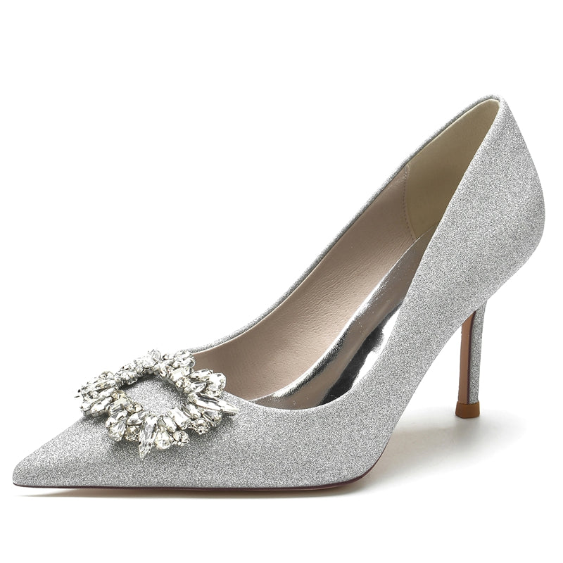 Elegant Closed-Toe Stiletto Heel Bridal Shoes for Women with Square Rhinestone